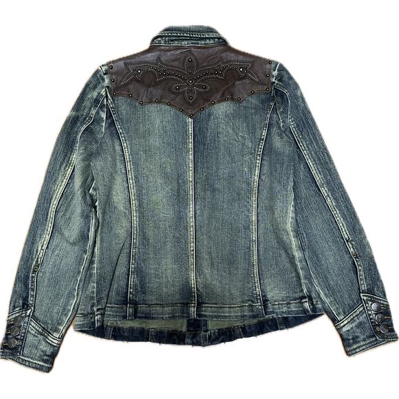 Reba Studded Denim Jacket Genuine Leather Trim Western Style Size Small NWT - Picture 2 of 13